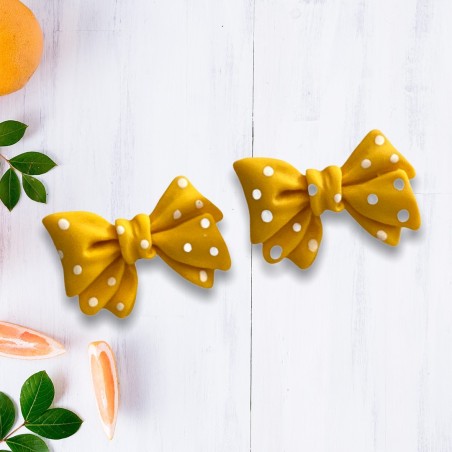 Kawaii Yellow Mustard Polkadot Bow Stud Earrings